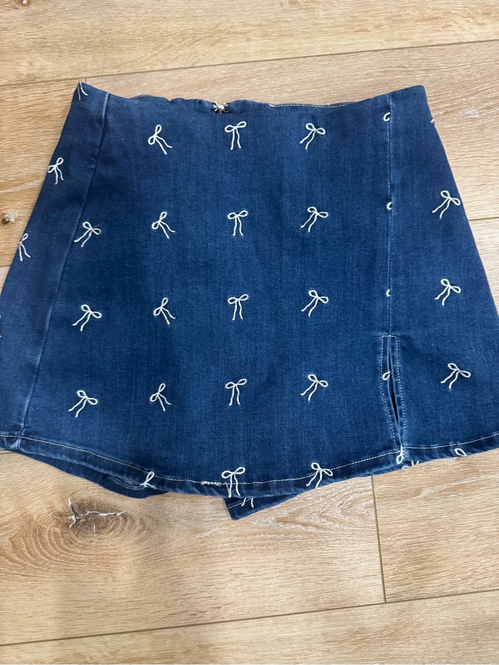 Navy Bow-Embroidered Denim Mini Skirt